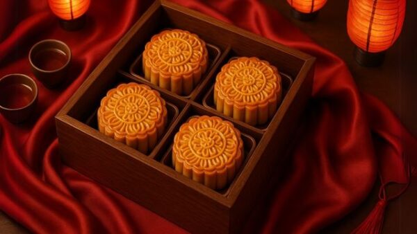 Hộp gỗ đựng bánh trung thu đặt trên bàn trang trí đèn lồng