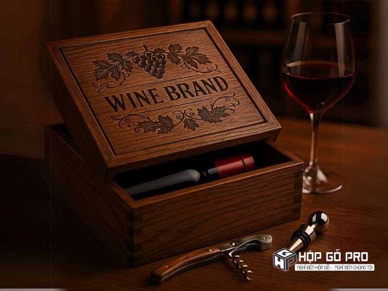 Hộp đựng rượu gỗ có khắc họa tiết nho và logo